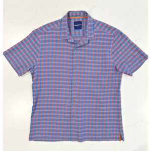 TOMMY BAHAMA Men's Large Silk Short Sleeve Blue Red Plaid Casual Shirt EUC!